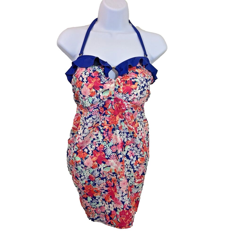 VM Women’s Blue Halter Tankini Top Side Ruching Size S | Ruffle V-Neck Swimwear